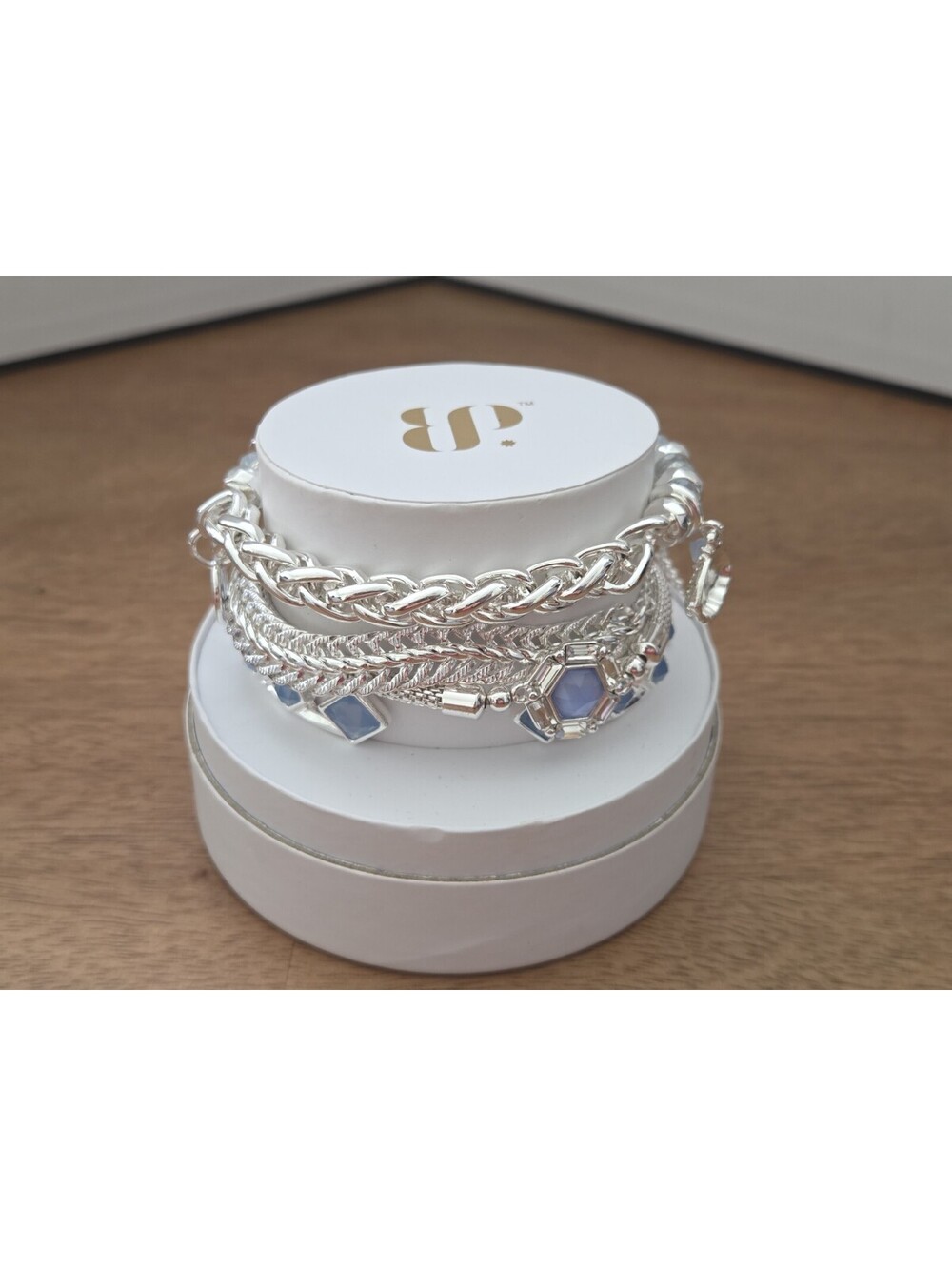 Bomb Party Silver Tone Blue Stone Layered Bracelet Stack Set Boxed